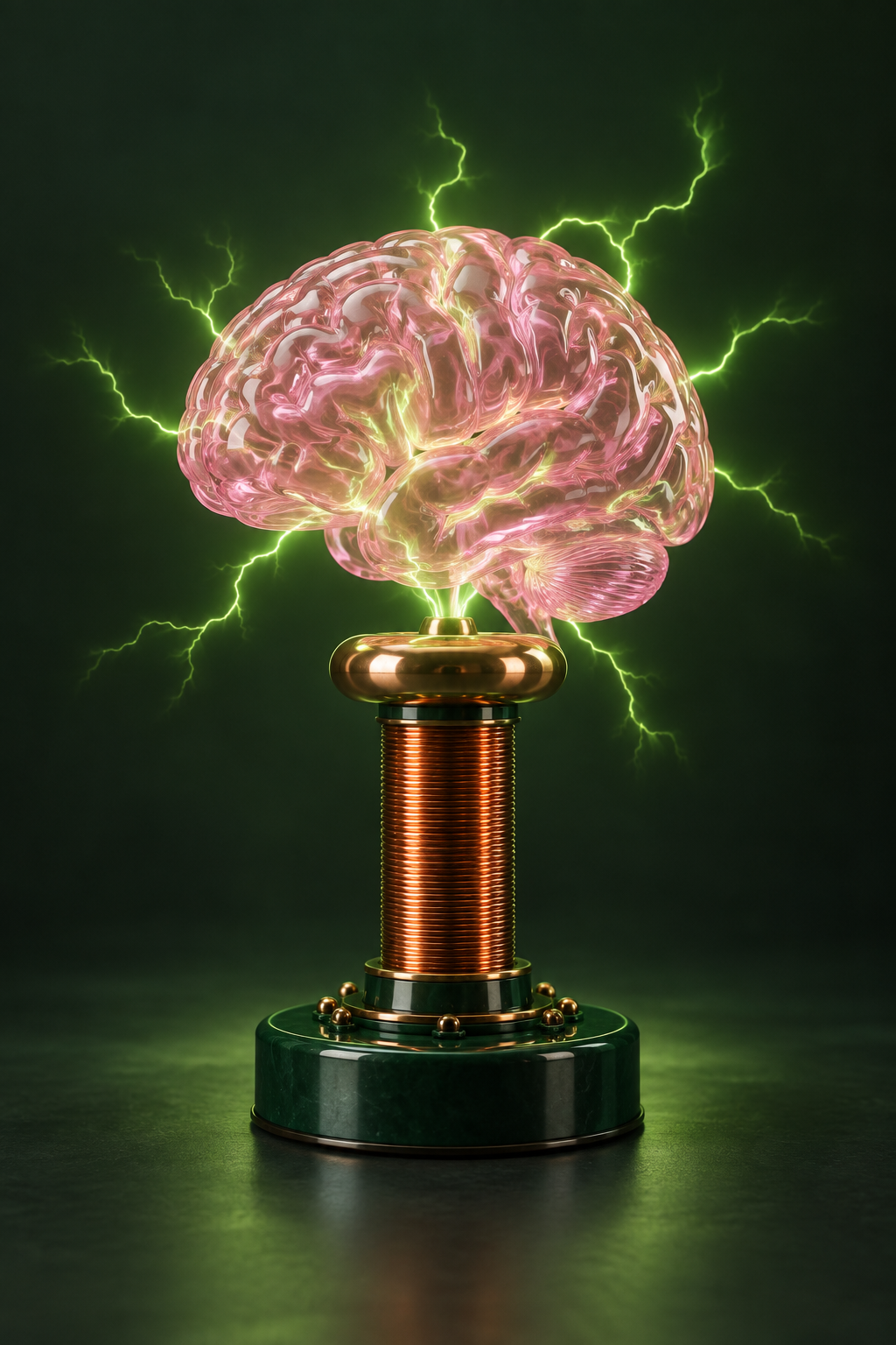 A pink glass brain atop a copper Tesla coil, sparking with lime-green electricity.